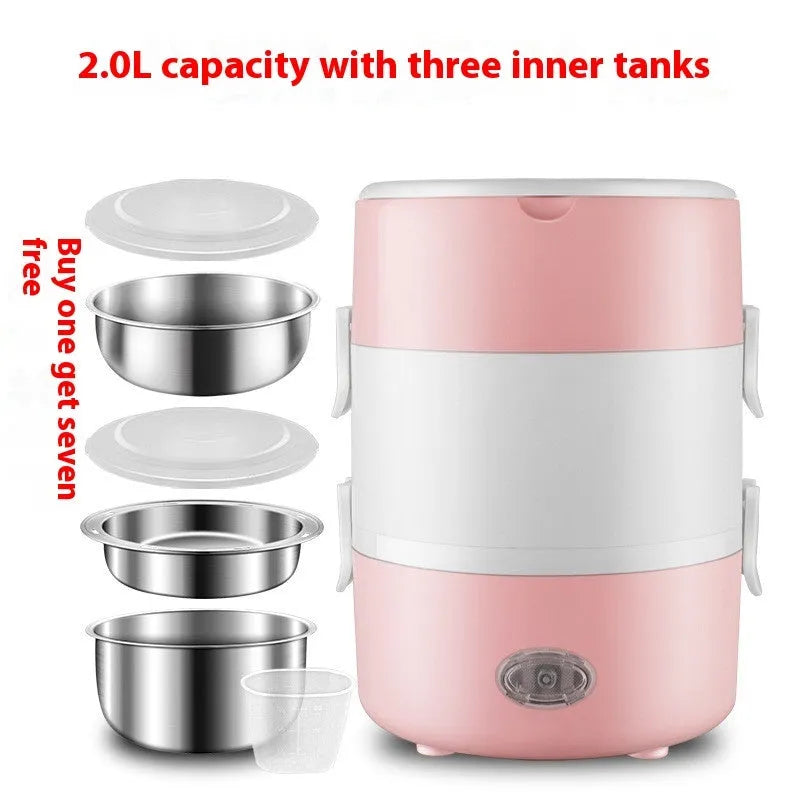 Portable plug-in insulated lunch box with stainless steel inner liner, coffee colour, double layer configuration, on a desk