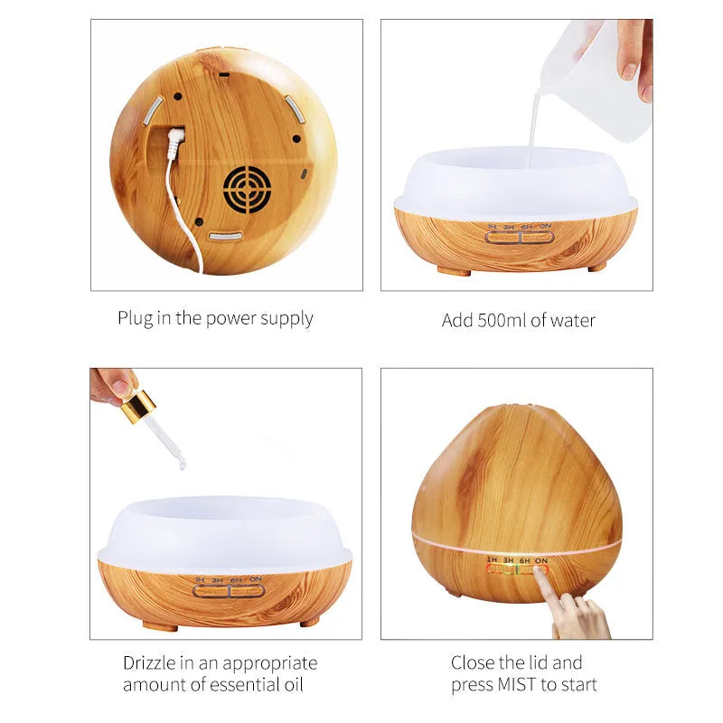 Air humidifier aromatherapy machine with 500ml capacity and light wood finish placed on a desk