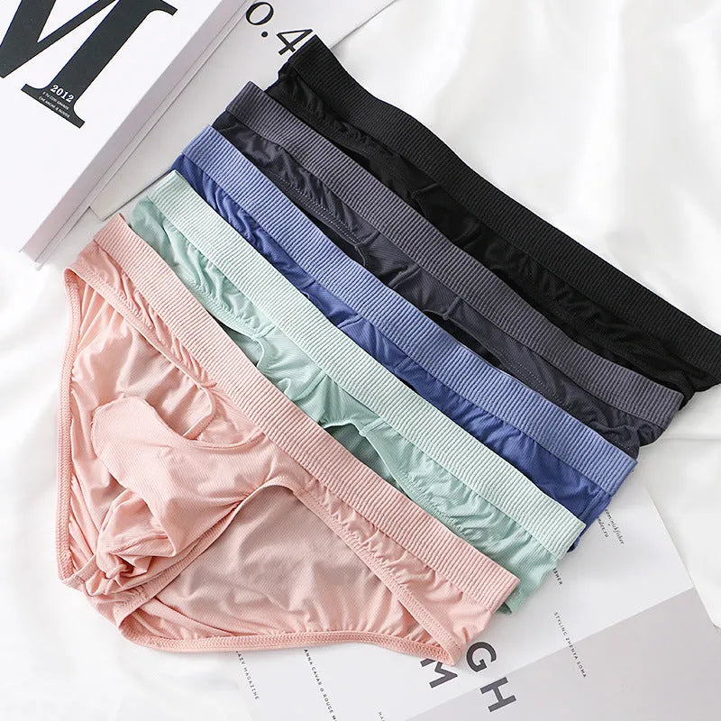 Men's low waist briefs underwear in Ice Silk fabric shown in multiple colours.