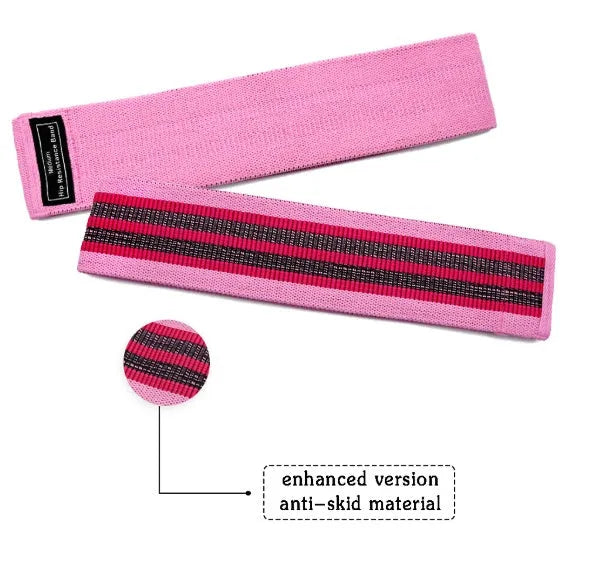Set of three coloured fabric resistance bands (blue, pink, purple) and a mesh storage bag for fitness training.