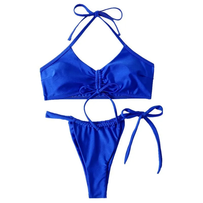 Blue women's neck hanging two-piece swimwear set with bikini top and polyester shorts