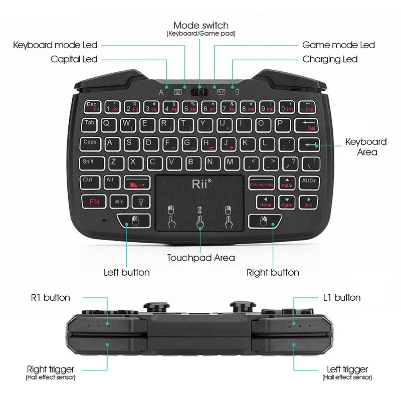 Wireless mini keyboard in black with compact layout and ergonomic design