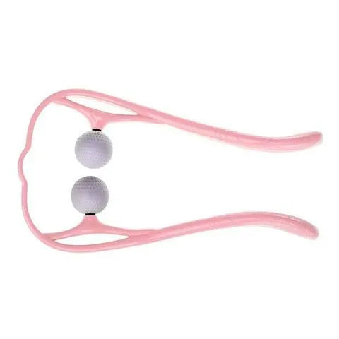 Blue plastic manual neck massager with adjustable stand and 3D floating-point rollers on a white background.