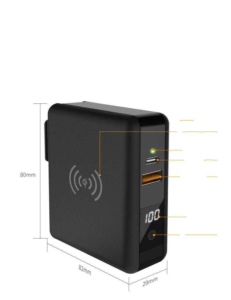Black and white Super QI wireless power bank with fold-out international plug pins and USB-C port.