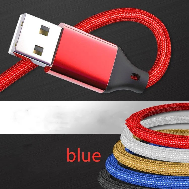 Three-in-one 1.2 metre charging cable with nylon braiding in multiple colour options