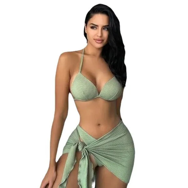Women's three-piece swimsuit set with Russian split design in avocado green colour