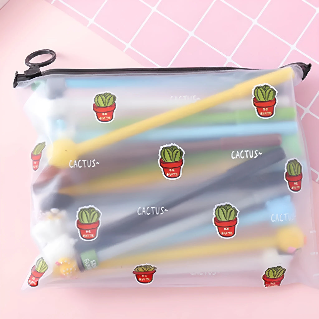 Colourful Marvel cartoon plastic pen case open to show 20 black pens, with cactus character designs.