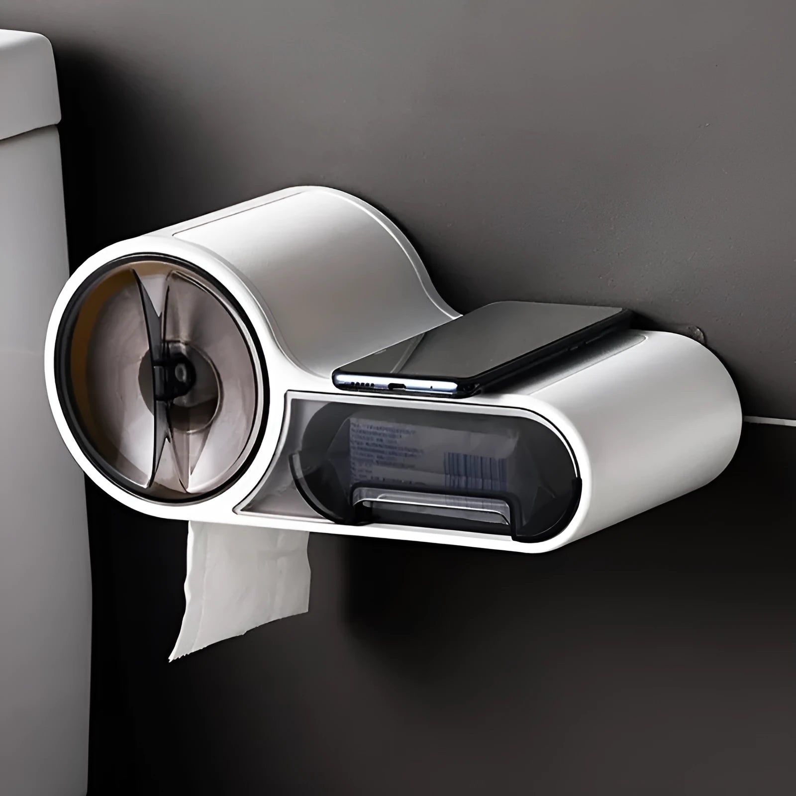 White plastic toilet roll holder with curved design for wall mounting