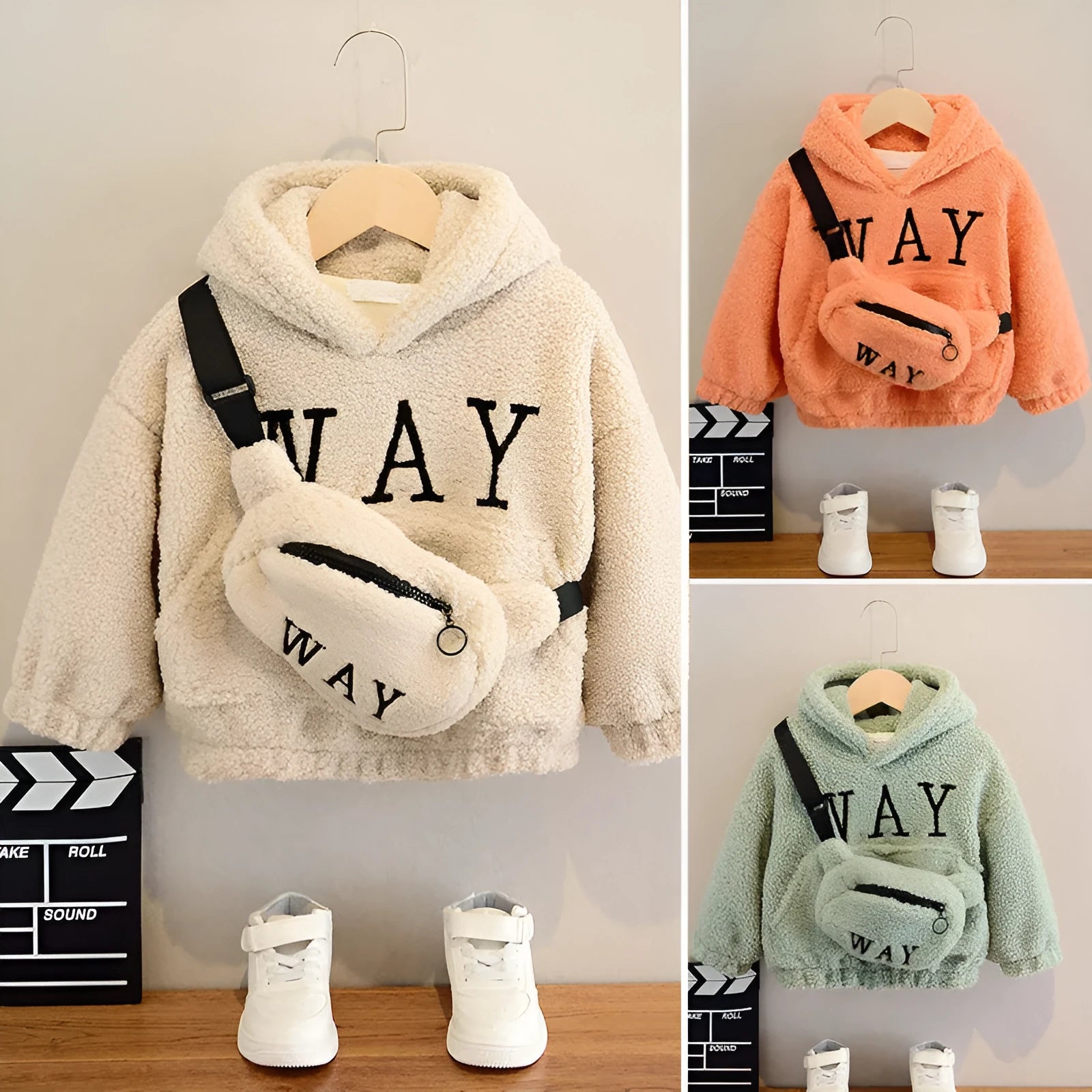 Children's hooded fleece jacket with cartoon design in beige, green, or orange colours
