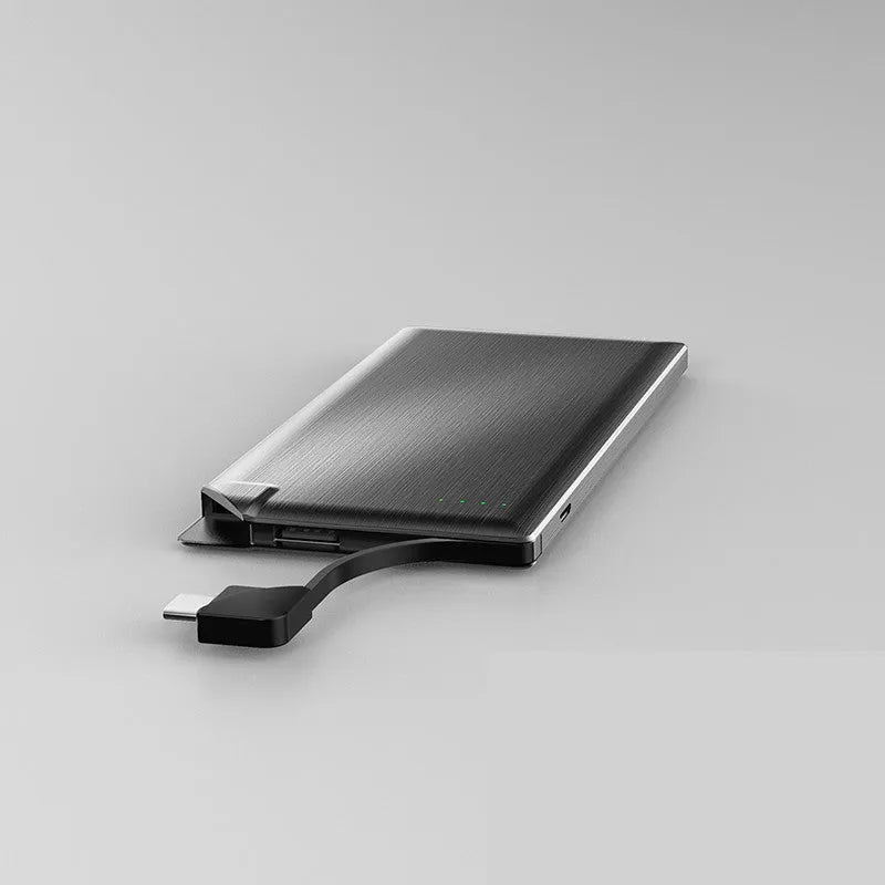 Ultra-thin card type power bank, 10000mAh, alloy shell, built-in cable, black, For Android and Type-C