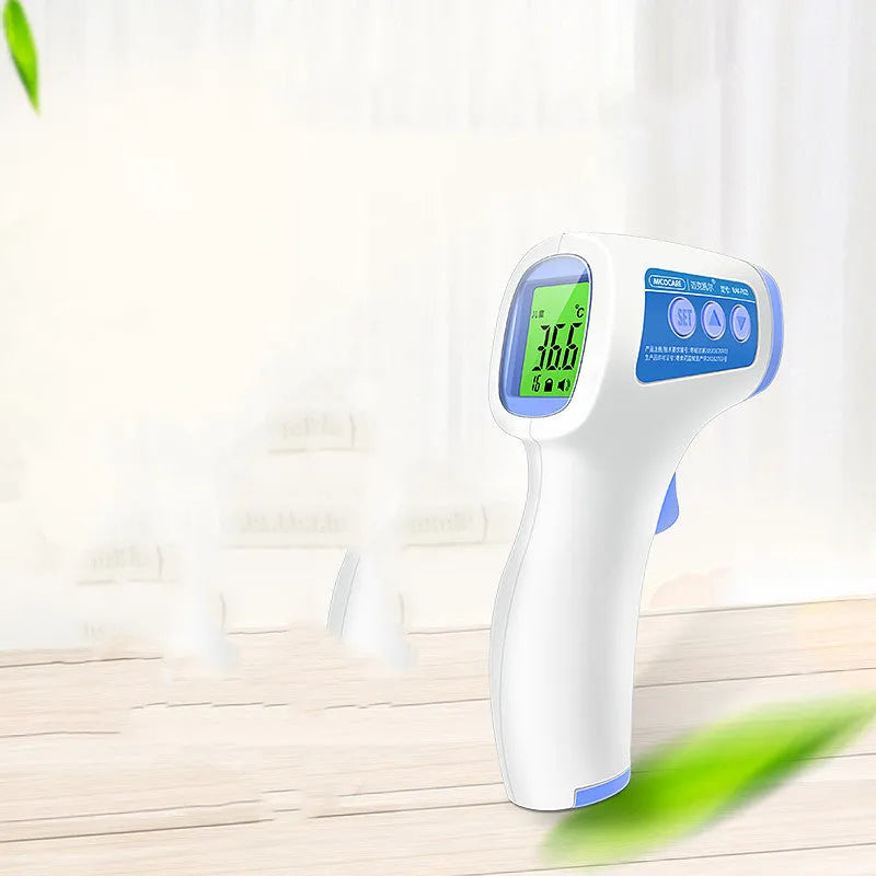White non-contact infrared forehead thermometer RAK-FI03 on a plain background showing the sensor and display