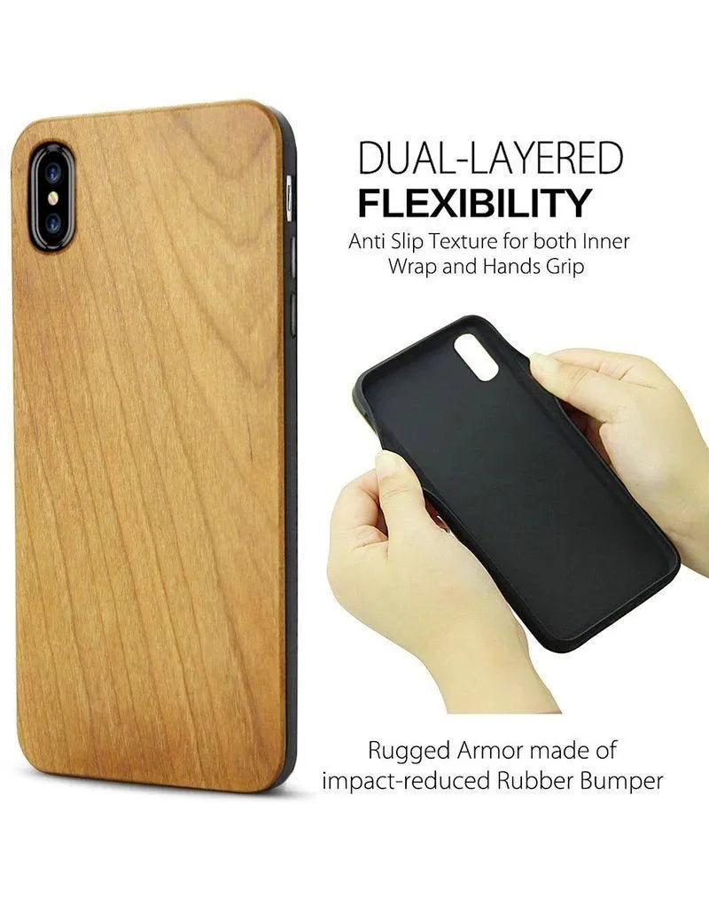 Laser-carved wooden phone case with TPU backing in cherry wood or rosewood finish for iPhone and Samsung