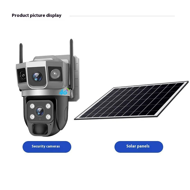 V380 outdoor security camera with solar panel, 4MP dual light full colour night vision, 349 by 210 by 233 mm