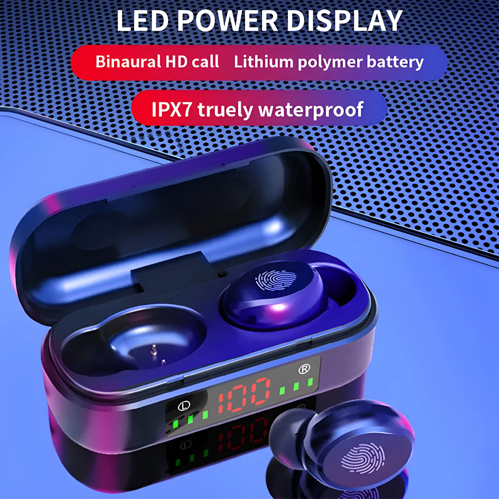 Black Bluetooth earphone with earplug design, battery display, and voice control