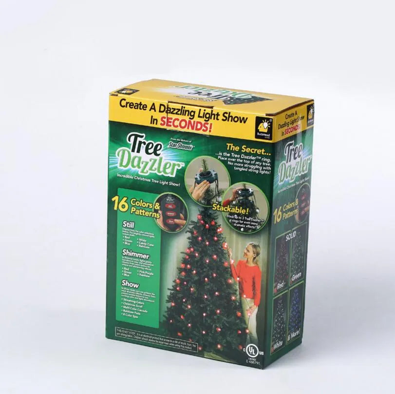 A 1.8 metre long string of 64 colourful LED Christmas lights wrapped around a green tree.