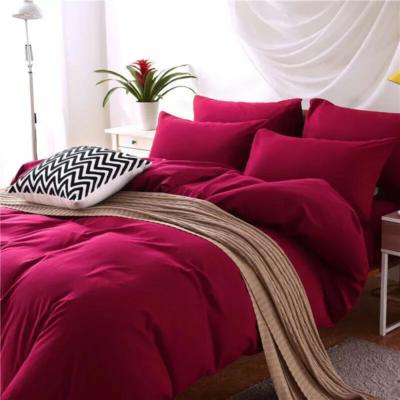 Modern simple style 4-piece bedding set for a 2m bed in twill weave fabric, shown in one of seven colour options.