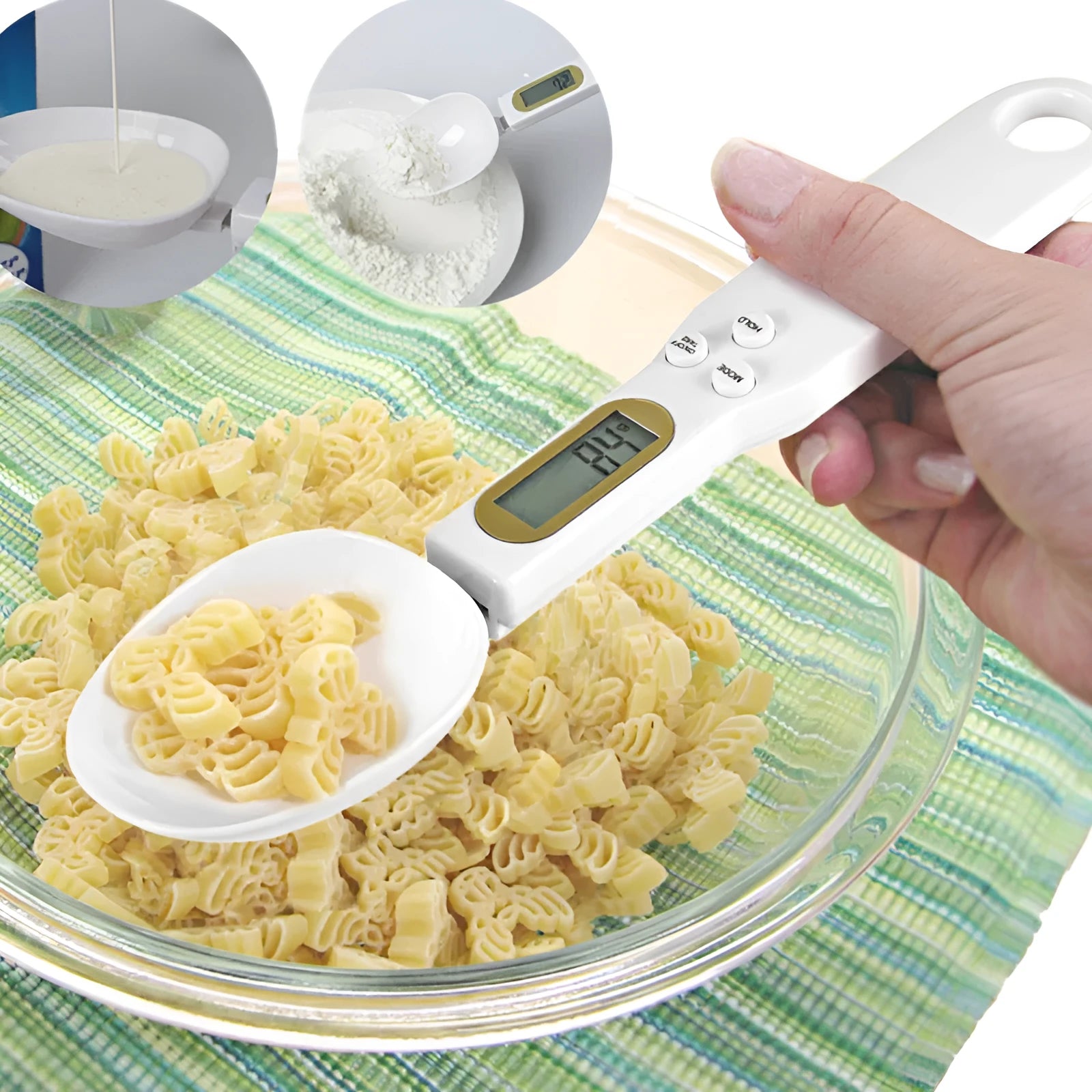 White digital spoon kitchen scale with LCD screen showing weight measurement.