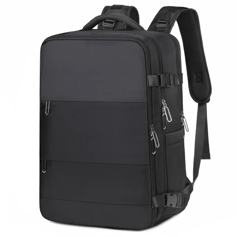 Large purple waterproof Oxford cloth travel backpack showing organisational pockets and air pillow belt