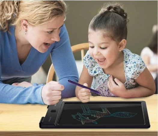 Black electronic LCD tablet with full perspective screen on flat surface