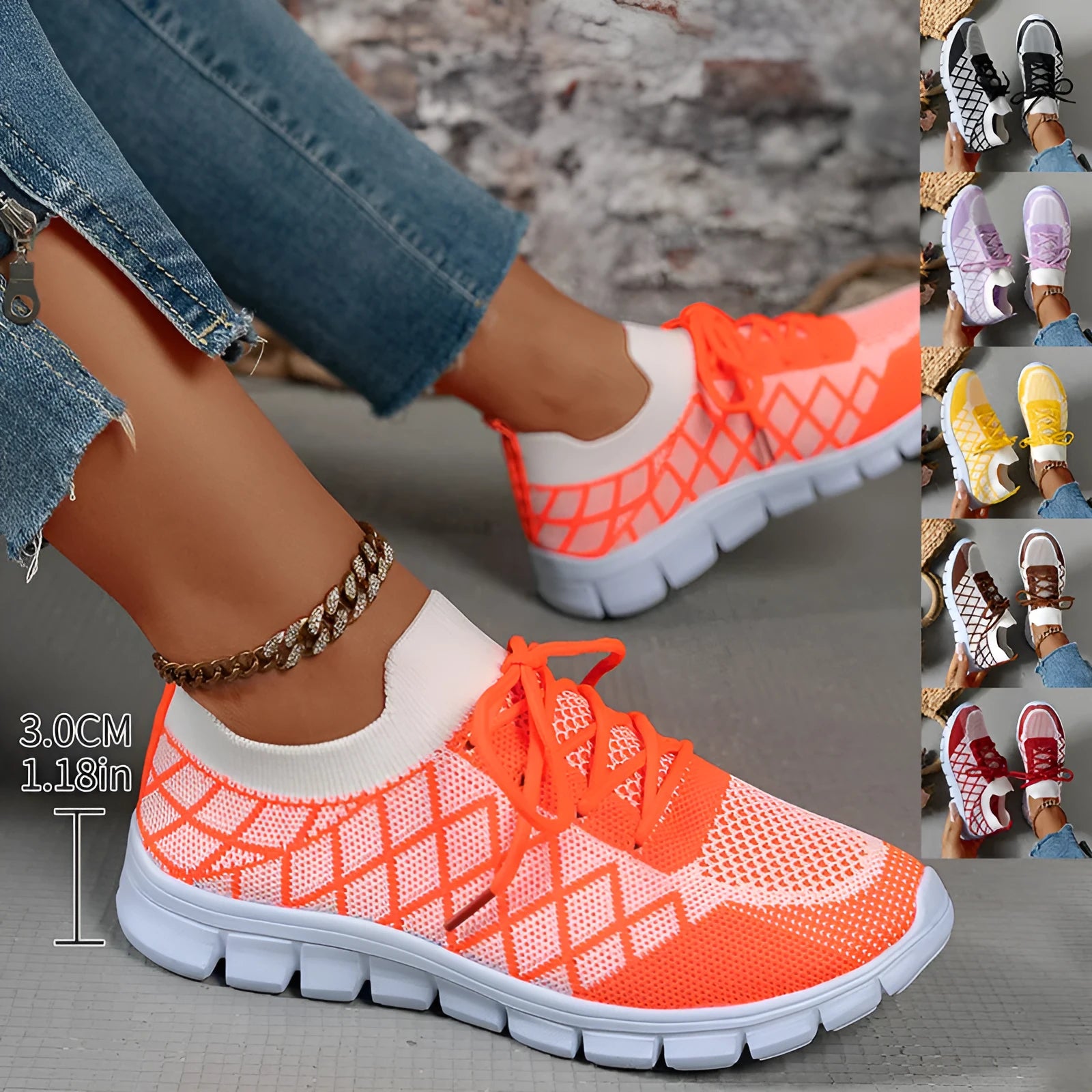 Women's colourblock plaid lace-up flyknit sneakers with breathable mesh upper and EVA sole in multiple colours
