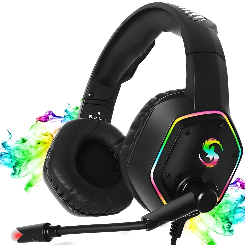 Black RGB gaming headset with soft PU leather earmuffs and 3.5mm USB cable