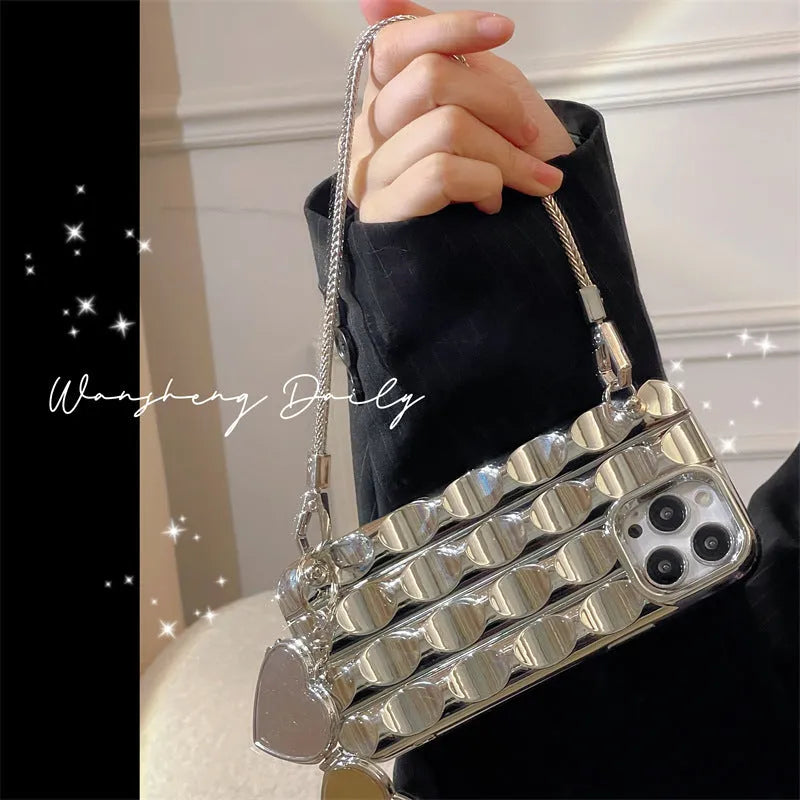 Electroplating silver heart-shaped mirror chain phone case for iPhone with silicone fall protection