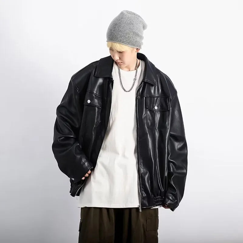 Black retro textured PU leather motorcycle jacket for men with loose fit
