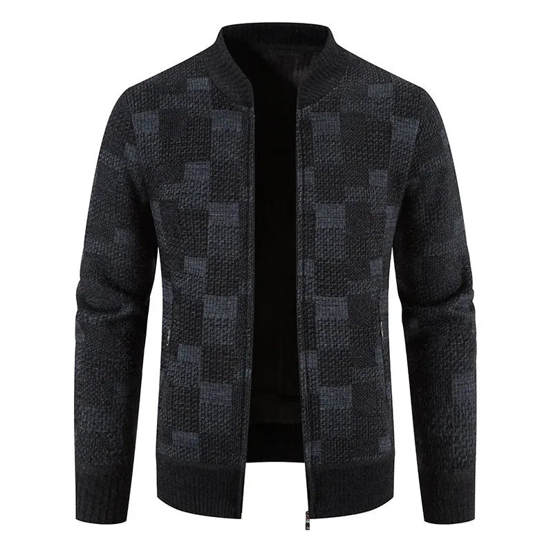 Men's fleece-lined thickened baseball collar plaid knitted cardigan in brown, slim fit, winter casual coat