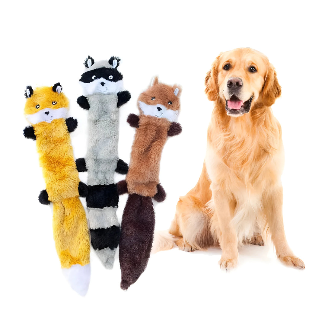 Brown plush dog toy with squeaker on a white background