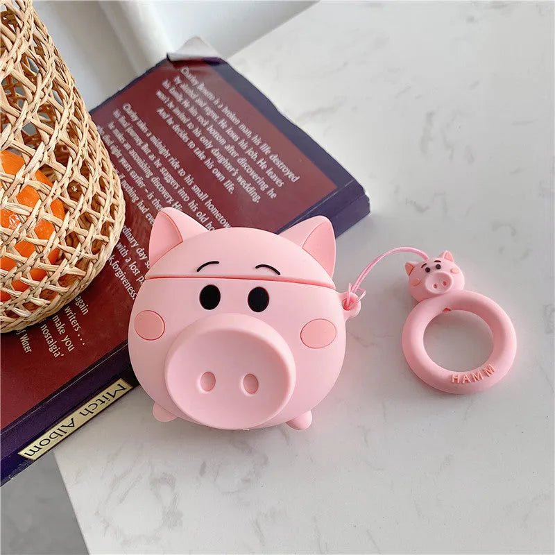 Cartoon pig design silicone flip cover compatible with Apple AirPods 1 2 and 3 in pink colour