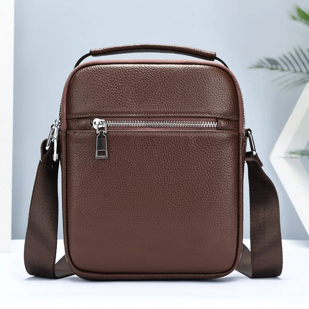 Men's first layer cowhide crossbody bag, 18x7x22cm, in black or coffee with polyester cotton lining
