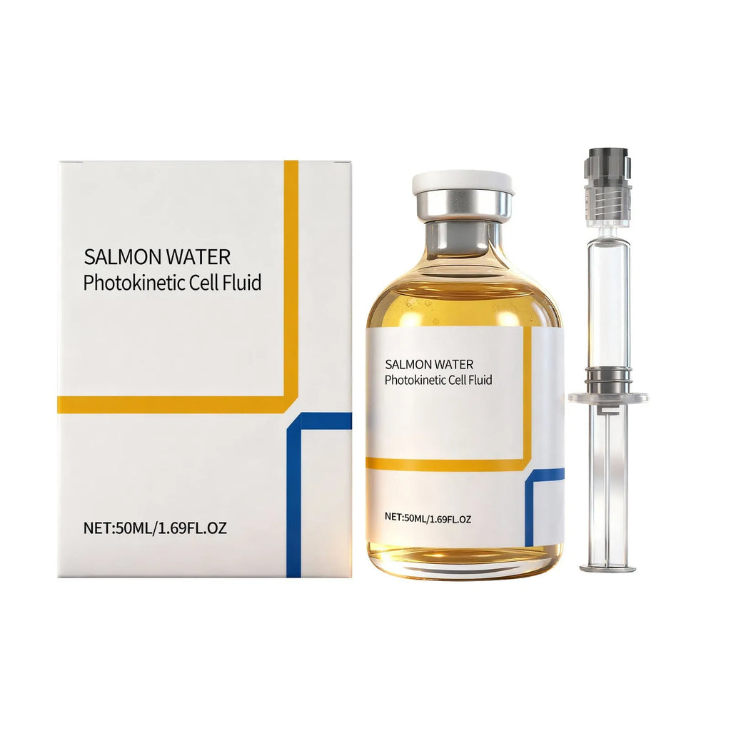 Facial essence ampoule 50ml with collagen and salmon extract, next to mixing tube, on clean surface
