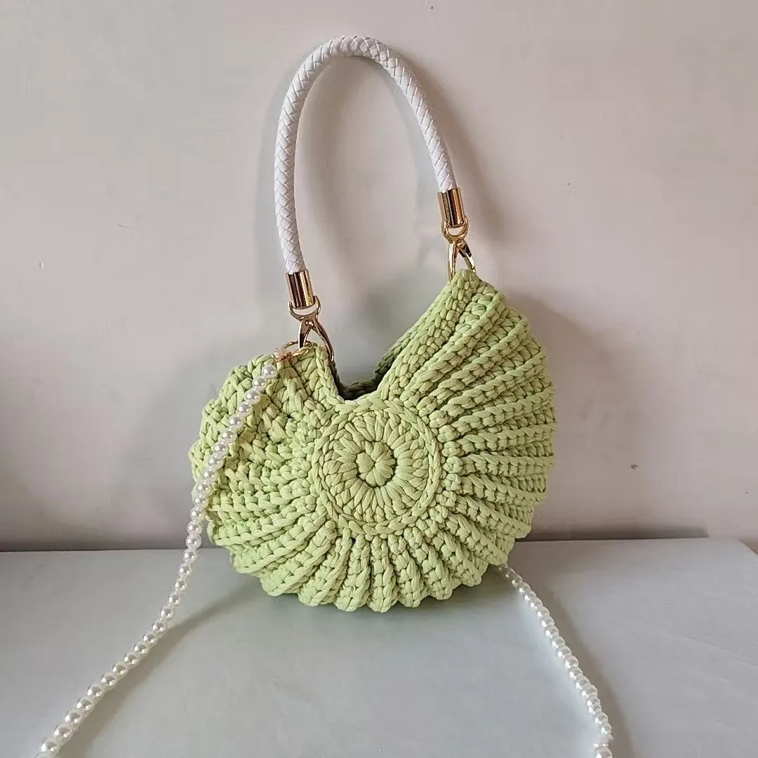 Round handmade woven crossbody bag with pearl chain strap, 25x25cm, polyester, multiple colour options