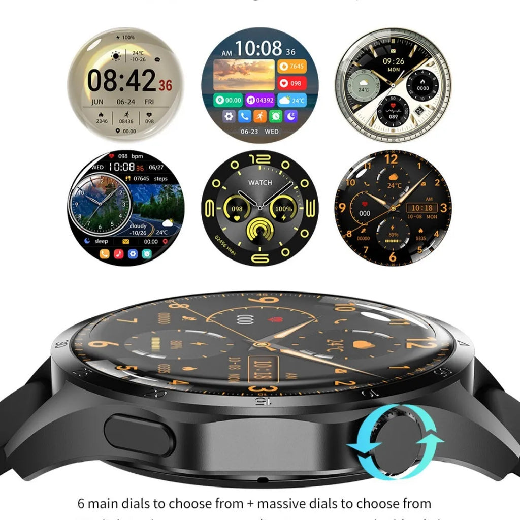 Black smartwatch with Bluetooth calling on a silicone strap, showing a TFT touch screen displaying health metrics.