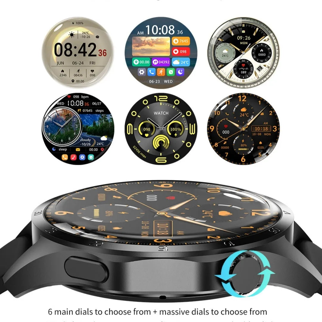 Black smartwatch with Bluetooth calling on a silicone strap, showing a TFT touch screen displaying health metrics.