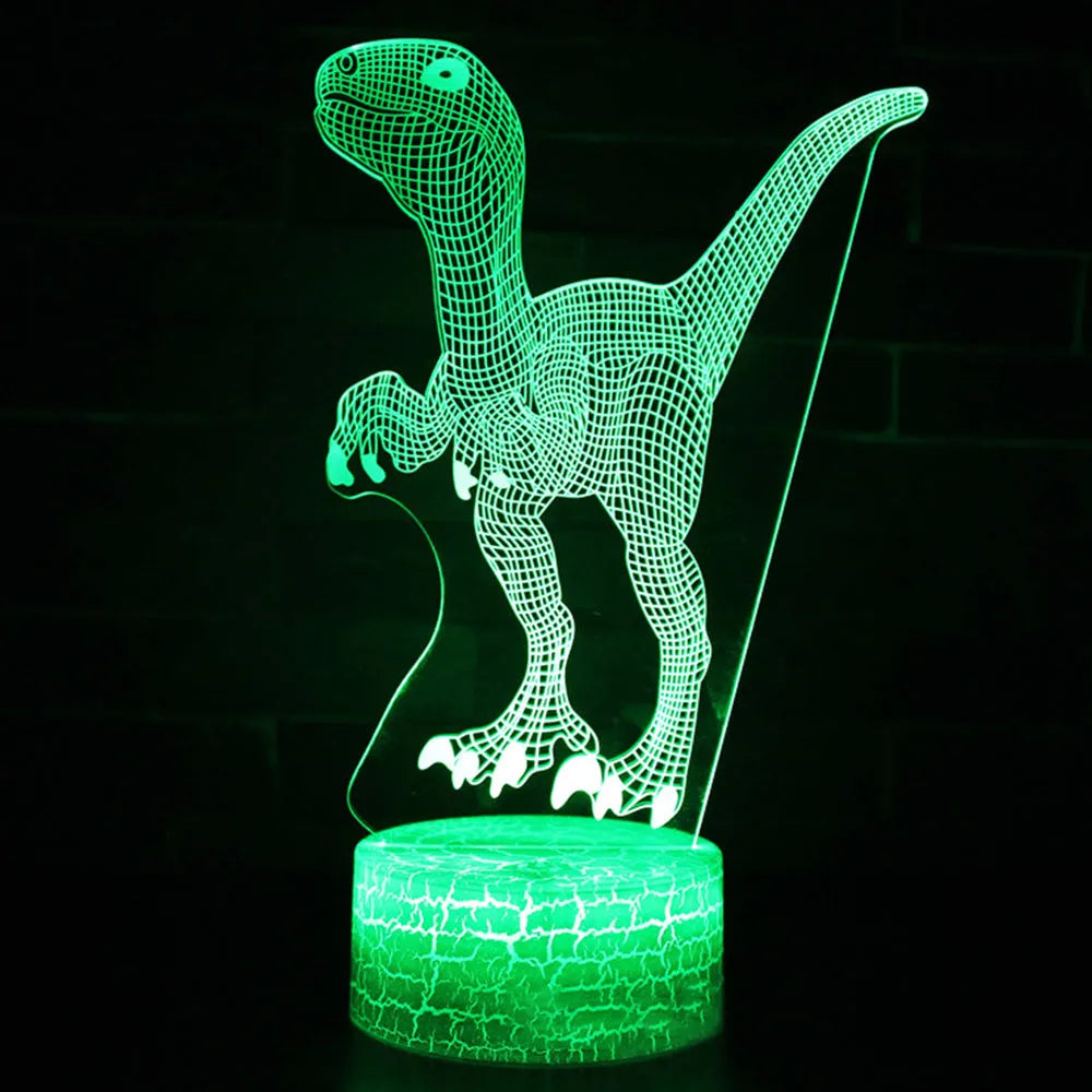 Colourful dinosaur-themed 3D night light with remote control on a table