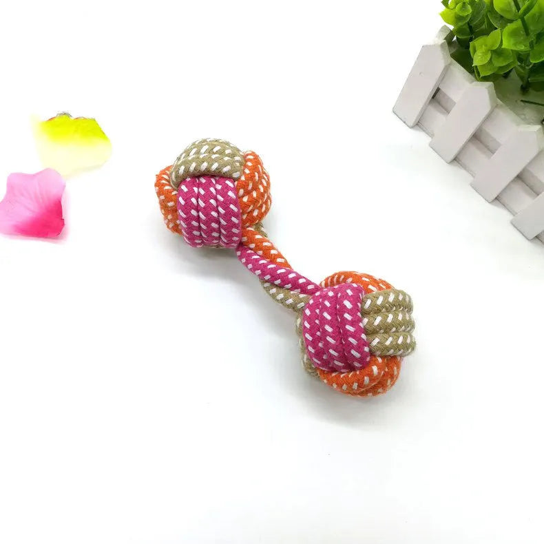 Small dumbbell cotton rope toy in multicolor, approximately 17cm length, for puppy chewing