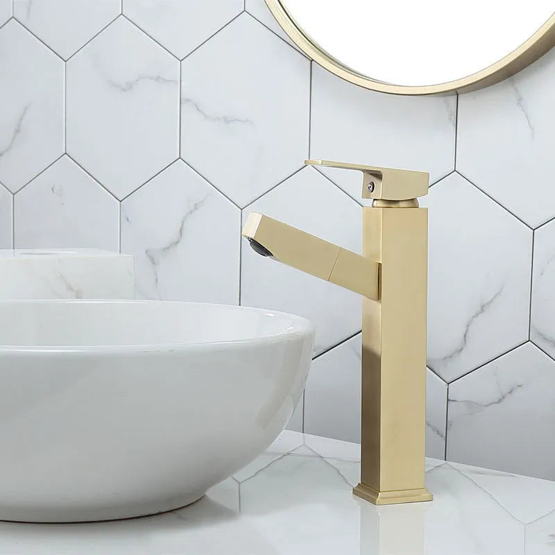 Brass pull faucet with a brushed gold finish, shown in a golden colour.