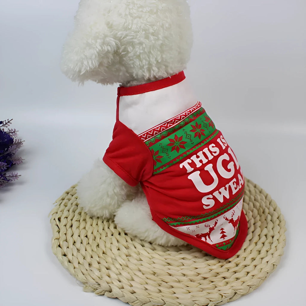 Red cotton polyester two-legged vest for small Teddy dogs, autumn and Christmas wear