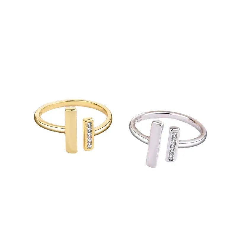 Double T open adjustable ring for women in gold or platinum colour, copper plated minimalist style