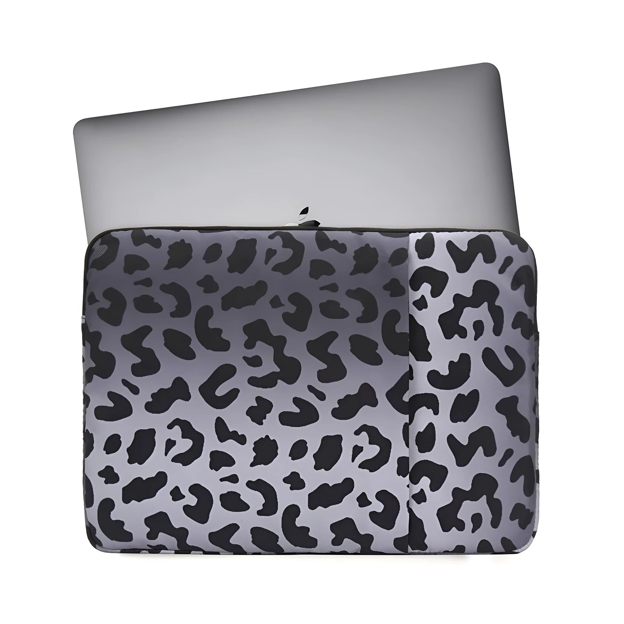 Leopard print laptop sleeve protecting 13-inch to 16-inch computers with waterproof polyester construction