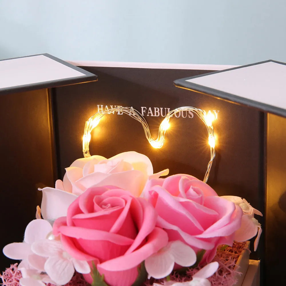 Pink lamp gift box with handmade soap flower rose in pink colour, ready for Christmas or Valentine's Day