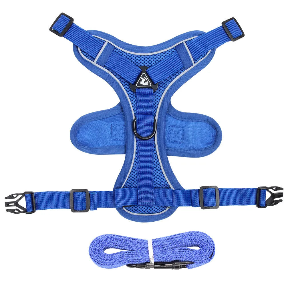 Adjustable mesh cat harness with reflective strips in Blue, Coffee, or Gray colours