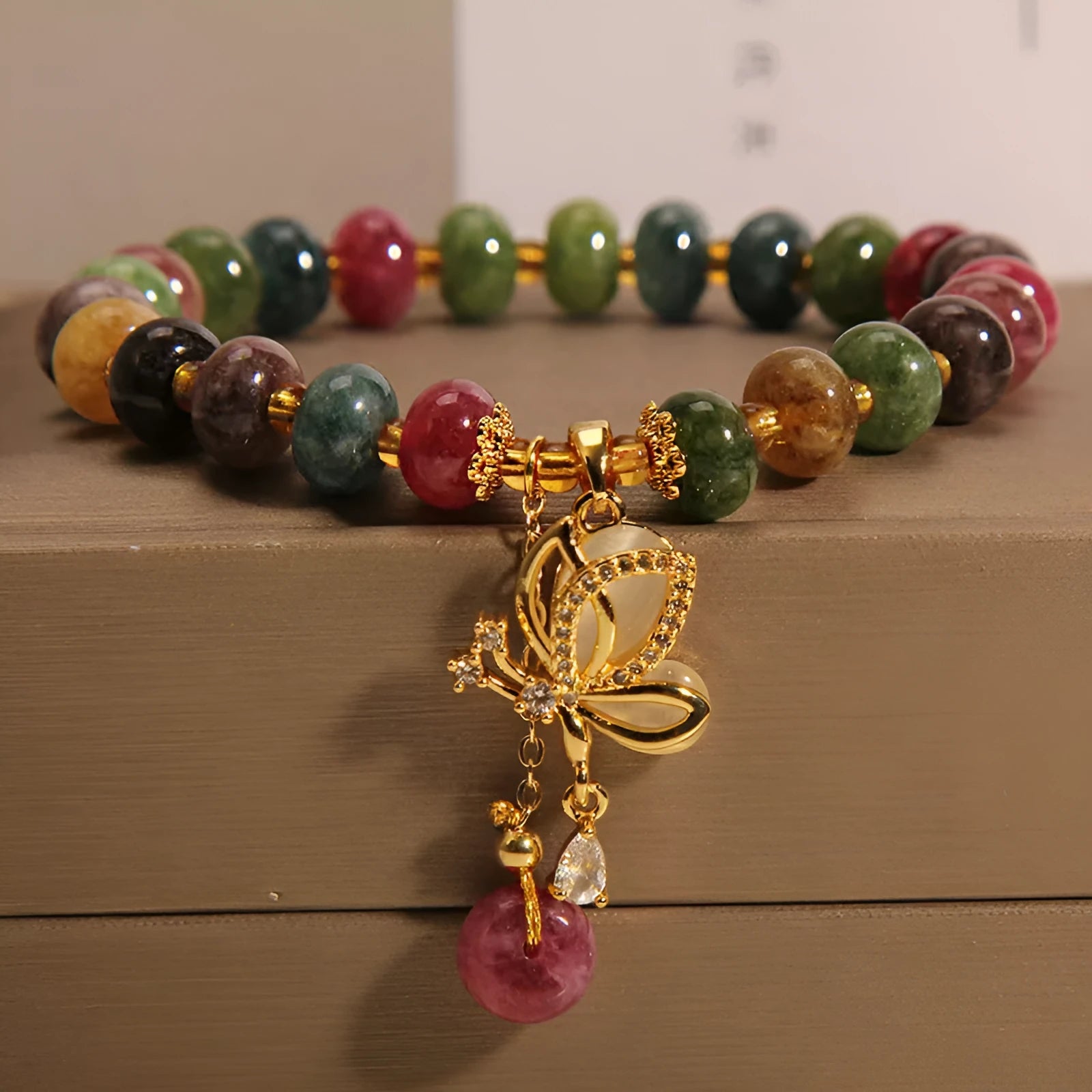 Women's colourful butterfly charm bracelet with alloy and tourmaline beads