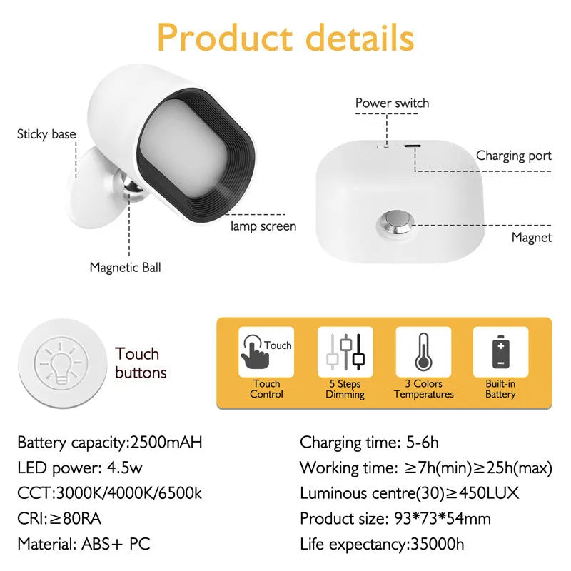 White plastic magnetic wall lamp with remote control, showing oval light face and adhesive mounting pads.