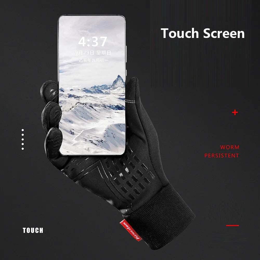 Pair of black winter outdoor sports gloves with touchscreen fingertips on a neutral background