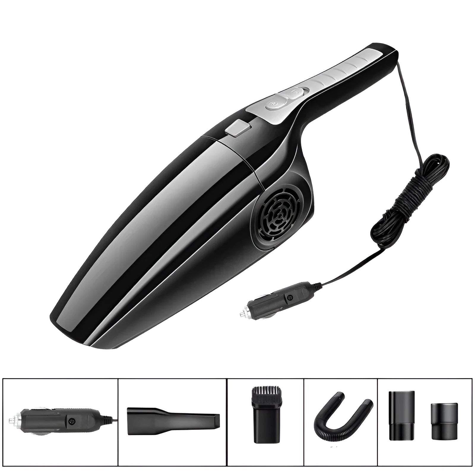 PoHigh Power Hypa black and orange 12V car vacuum cleaner with hose, measuring 36cm long.