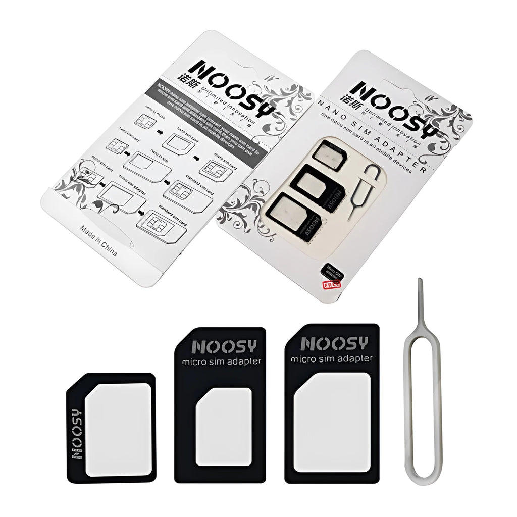 Three SIM card adapters for nano, micro, and standard sizes on a white background.