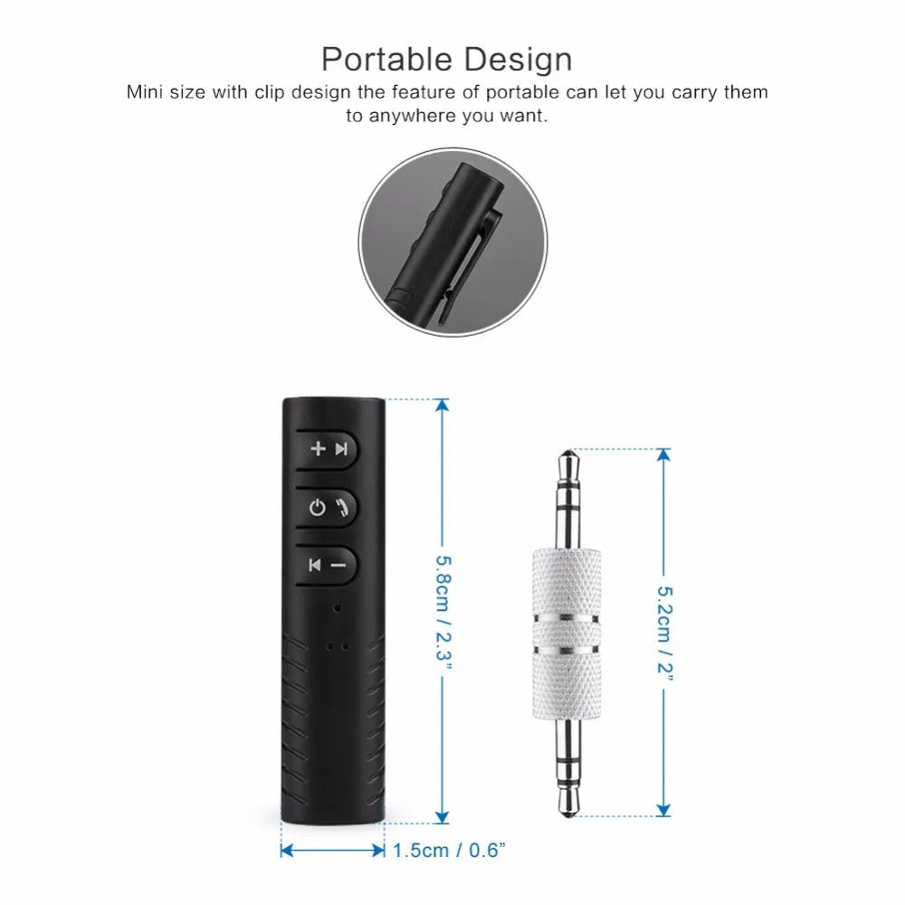Black universal Bluetooth 4.1 car kit with 3.5mm AUX adapter for wireless music streaming.