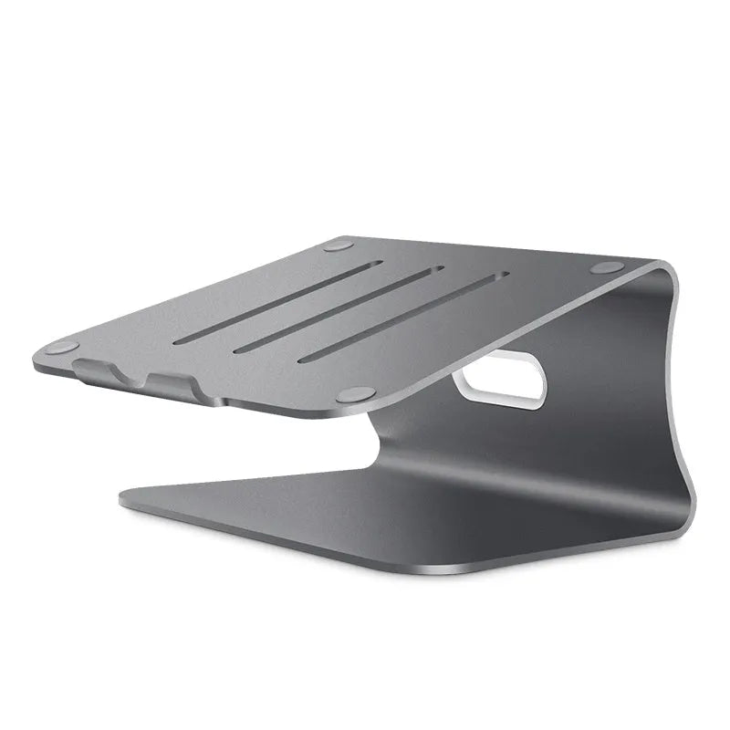 Silver aluminium laptop cooling bracket with striped texture on a wooden desk, rotated at an angle.